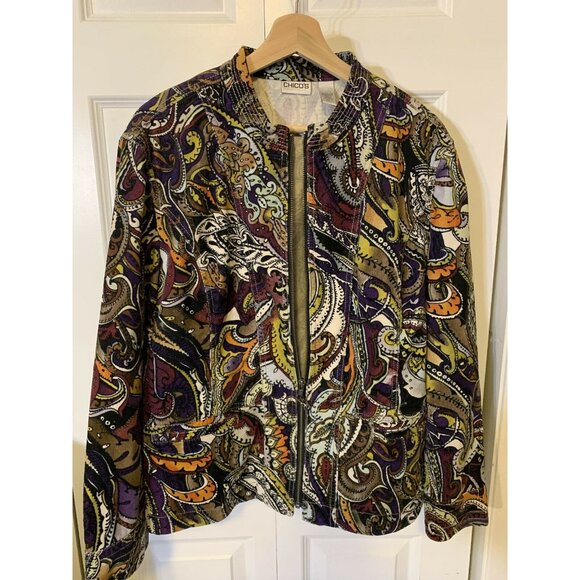 Chico's Women’s Sz‎ S Size 3 Purple Green Paisley Full Zip Jacket